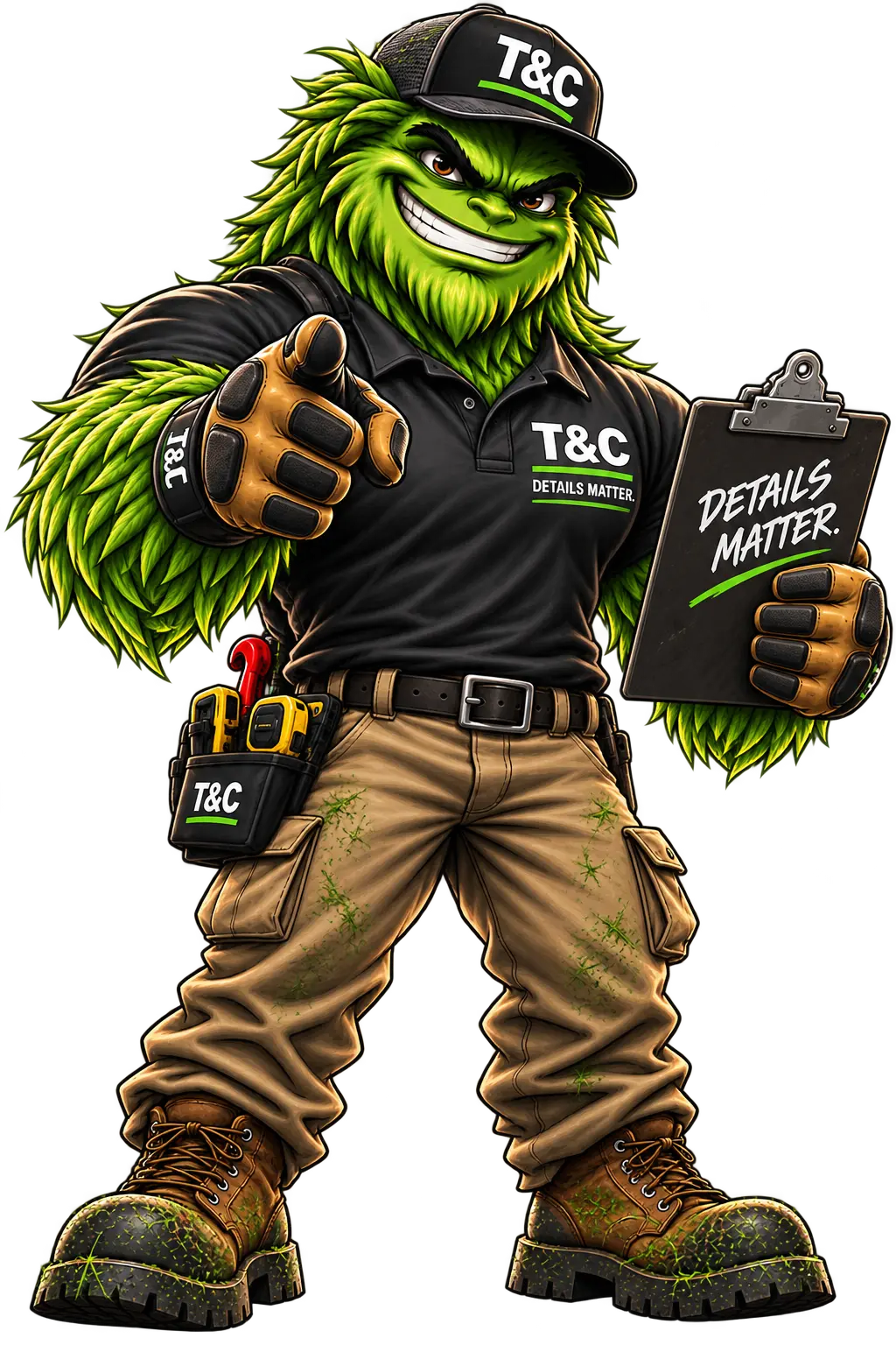 T&C details matter mascot with a service clipboard