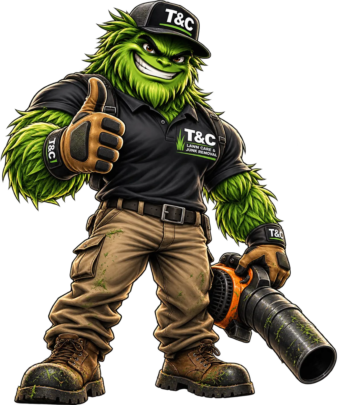 T&C lawn cleanup mascot holding a leaf blower