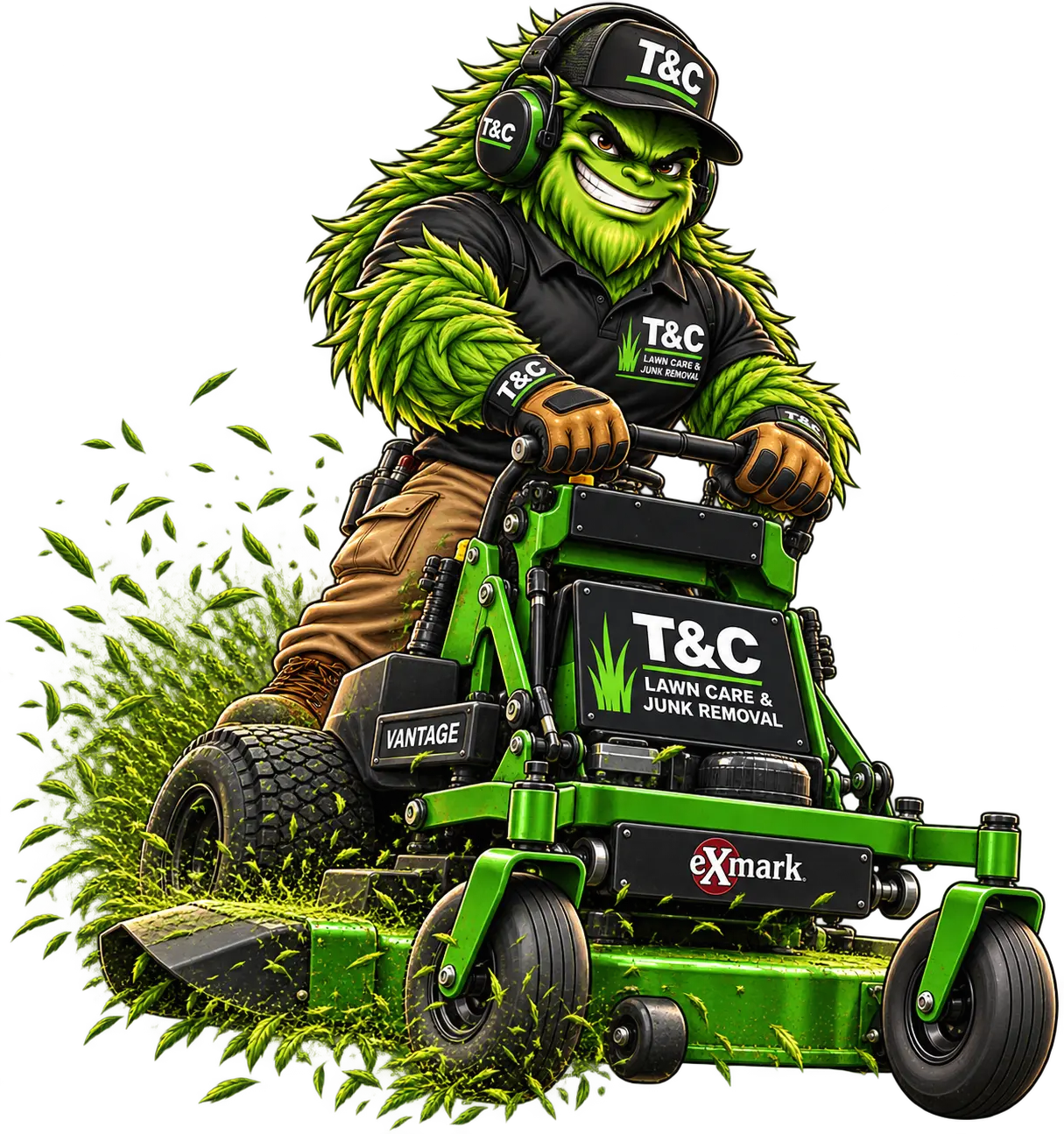 T&C lawn care mascot operating a commercial mower